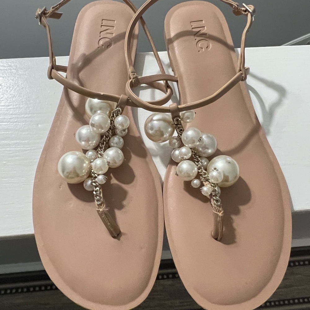 INC International Concepts Cream Sandals with Pearl Embellishments